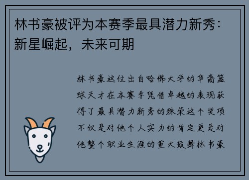 林书豪被评为本赛季最具潜力新秀：新星崛起，未来可期